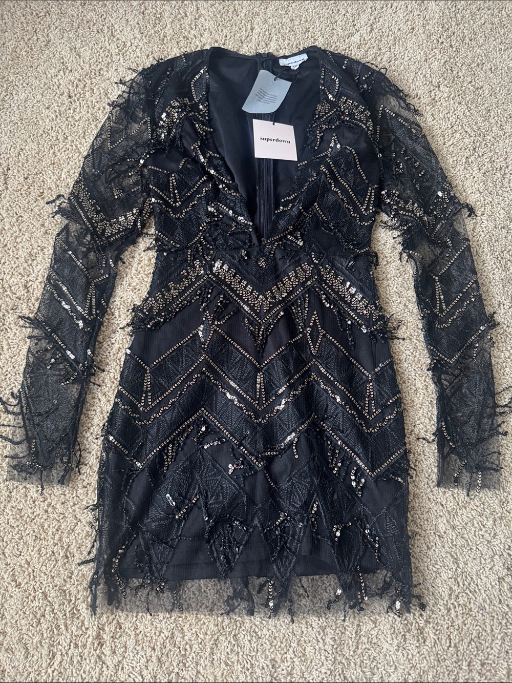 superdown Black Sequined Lace Fringe Mini Dress